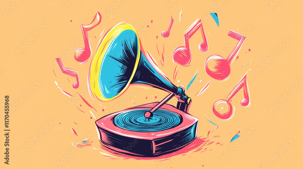 Cartoon groovy gramophone musical instrument character with smiling ...