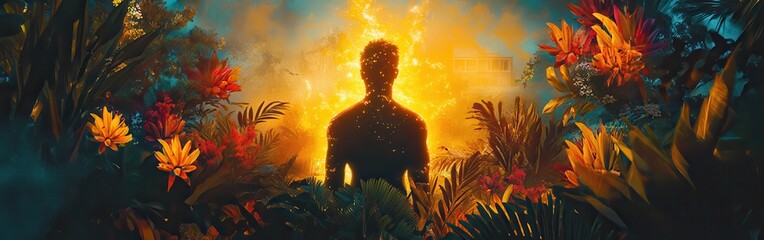 Poster - Mystical glowing man surrounded by vibrant flora in an enchanted forest at dusk