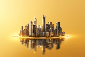 Wall Mural - stunning golden skyline at dusk with modern skyscrapers reflecting on calm water, perfect for urban 