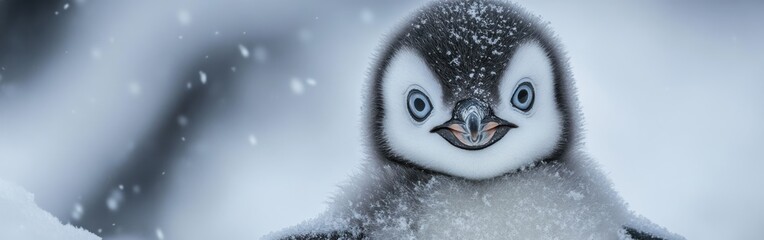 Poster - Close-up view of a penguin chick's face in a snowy environment during winter