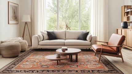 Aufkleber - Elegant living room showcasing a Persian rug with soft furnishings and natural light enhancing the cozy atmosphere