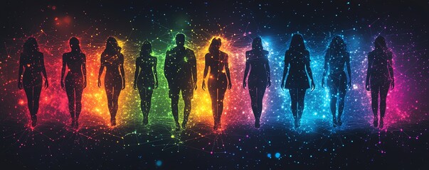 Leinwandbilder - A diverse group of people connected by glowing lines and dots, representing a digital network, global communication, and technological connectivity