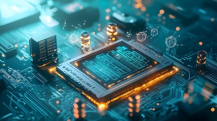 Poster - a high tech quantum computing system visualizing big data as 3d models surrounded by glowing circuit