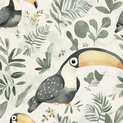 Poster - Colorful watercolor doodles of toucans surrounded by tropical foliage in a whimsical nature setting