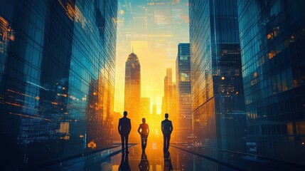 Aufkleber - Futuristic cityscape at sunset highlighting silhouettes in a vibrant urban environment