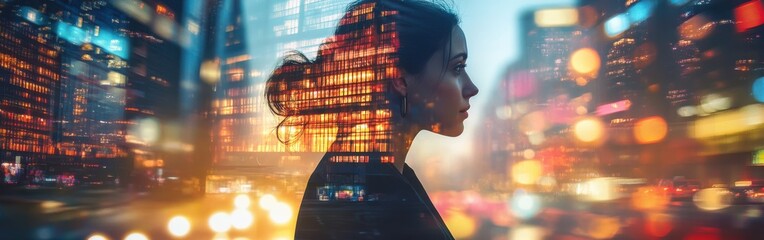 Aufkleber - Dynamic silhouette of a woman against a city backdrop illuminated by vibrant lights during the evening