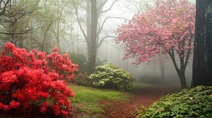 Aufkleber - Fog envelops a serene forest clearing adorned with budding trees and vibrant azaleas in early spring
