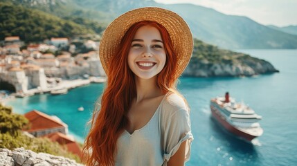 Poster - Young woman with red hair smiles warmly near a scenic coastal view during a sunny day on an adventure trip
