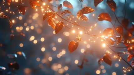 Poster - Magical moment of twinkling fairy lights among vibrant autumn leaves in an enchanting forest setting