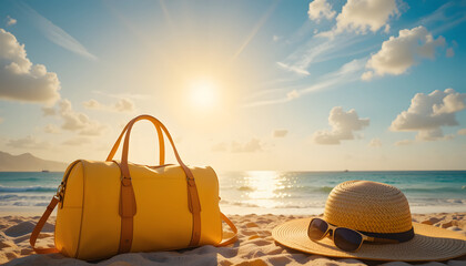 High luxury travel bag in a summer vacation, yellow travel bag, hat, and sunglass