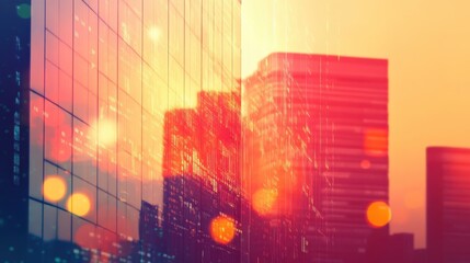 Poster - Double exposure of a modern office building showcasing urban reflections during sunset