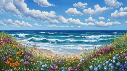 Poster - Dramatic ocean view with vibrant wildflowers on a sunny day by the coast