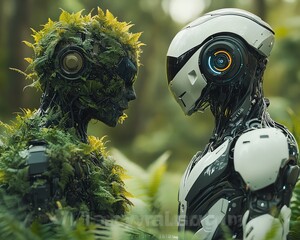 Poster - Futuristic robots, one camouflaged in foliage and the other metallic and sleek, standing face to face in a lush green background representing nature and technology