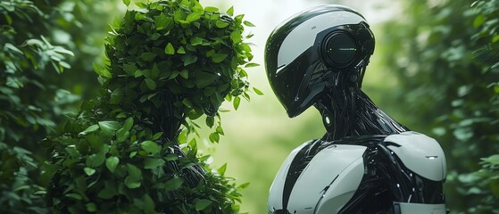 Aufkleber - Futuristic scene with two humanoid robots, one covered in foliage and the other sleek and metallic, facing each other in a vibrant greenery background
