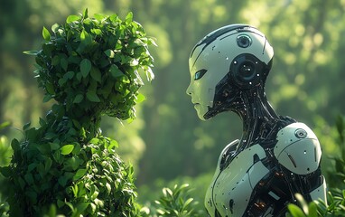 Aufkleber - Futuristic scene of two humanoid robots, one leafy and organic, the other sleek and metallic, facing off in a beautiful, green nature backdrop