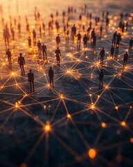 Poster - Group of diverse people connected by glowing network of lines and dots, symbolizing digital communication, unity, and global connectivity, modern concept