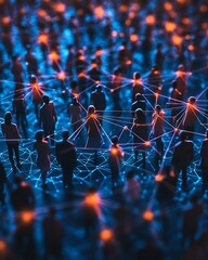 Poster - Group of diverse people connected by glowing network of lines and dots, symbolizing digital communication, unity, and global connectivity, modern concept