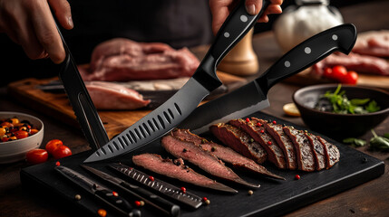 Kitchen knives set, meat chef cutting hatchet cooking cutlery types, realistic kitchenware. Cleaver, french, boning and filleting, carving isolated vector knife of stainless steel with black handle
