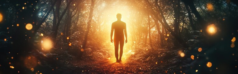 Poster - Man walks towards glowing light in a mystical forest during twilight hours