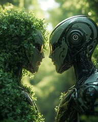 Aufkleber - Two futuristic humanoid robots, one enveloped in foliage and the other sleek metallic, standing facetoface in a vibrant greeneryfilled environment