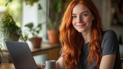 Aufkleber - Woman with long wavy red hair smiling while working on a laptop in a cozy indoor space filled with plants