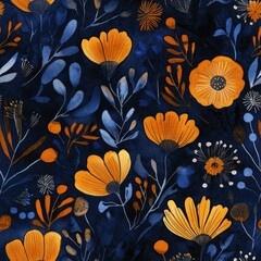 Poster - Bright watercolor doodles of bold flowers and leaves on a dark background celebrating nature's beauty