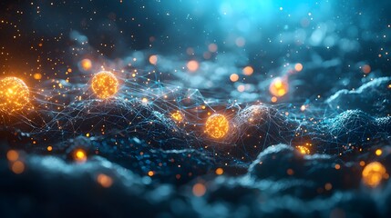 Aufkleber - Detailed holographic map of a quantum powered cloud network featuring interconnected nodes glowing in bright vibrant hues leaving copy space on the right side of the frame