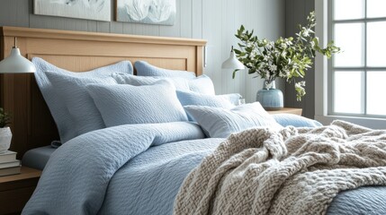 Poster - Scandinavian-inspired bedroom with soft blue bedding and natural light enhancing a cozy atmosphere