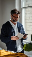 Poster - Man reading documents by the window while checking his phone in a minimalist setting