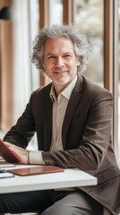 Aufkleber - Middle-aged man with gray hair sitting at a table in a modern office, smiling and looking confident during a work break