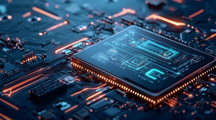 Poster - sleek and advanced quantum powered cloud infrastructure with luminous circuits and holographic inter