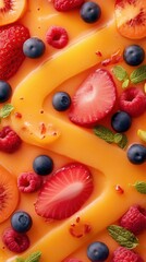 Poster - Vibrant close-up of fresh fruits arranged artistically on a colorful background, highlighting nature's bounty in a creative presentation