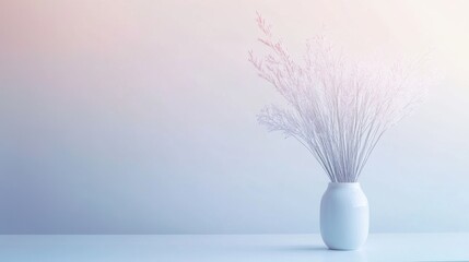 Poster - White minimalist composition featuring delicate branches in a simple vase on a smooth surface against a softly colored background
