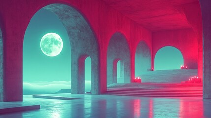 Poster - Ethereal interior with arches and a glowing moon.