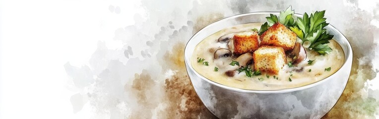 Poster - Delicious close-up of creamy mushroom soup with croutons and herbs on a watercolor background