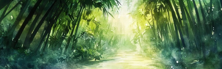 Poster - Lush bamboo forest path illuminated by gentle sunlight in a serene watercolor backdrop
