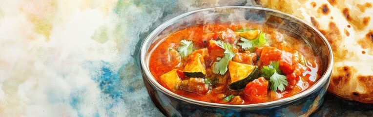 Poster - Close-up view of steaming vegetable curry served with warm flatbread on a watercolor background