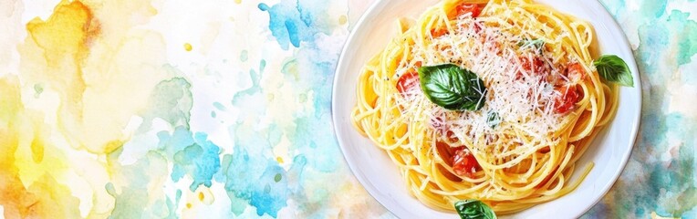 Poster - Close-up of a delicious plate of spaghetti garnished with fresh basil and cheese on a colorful watercolor background