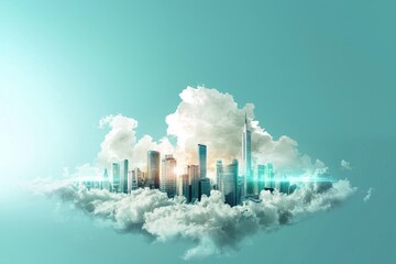 Wall Mural - dreamlike urban landscape above clouds with skyscrapers under bright sky, symbolizing balance betwee