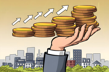 Poster - Businessman holding increasing stacks of gold coins in city setting