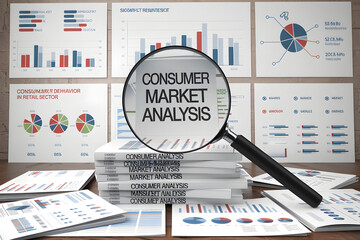 Poster - Magnifying glass focusing on consumer market analysis on documents and charts
