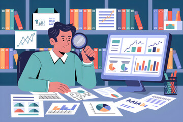 Poster - Financial analyst examining charts and graphs with magnifying glass in office