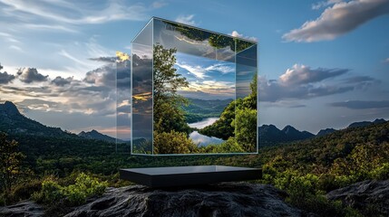 Poster - A reflective cube stands on a rocky surface, showcasing a vibrant natural landscape inside, surrounded by mountains and a dramatic sky.