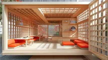 Poster - Modern wooden interior with open space and seating.
