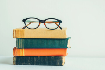 Poster - Minimalist Composition Featuring Stack of Colorful Books and Glasses on White Surface