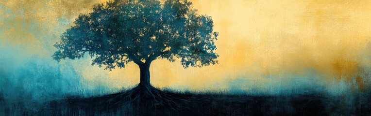 Poster - Elegant silhouette of a tree with intricate roots against a vibrant sunset sky