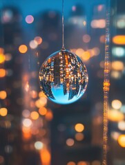 Aufkleber - Close-up view of a raindrop on a windowpane reflecting city lights at night