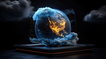 Poster - A digital representation of a glowing globe surrounded by clouds, highlighting North America with vibrant lights against a dark backdrop.