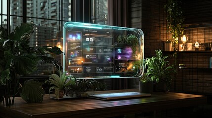 Poster - A futuristic workspace featuring a transparent digital display surrounded by greenery, showcasing data or notifications in a modern, tech-savvy environment.