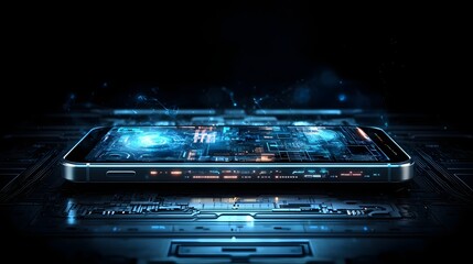 Poster - a cutting edge futuristic smartphone powered by quantum computing featuring holographic data project